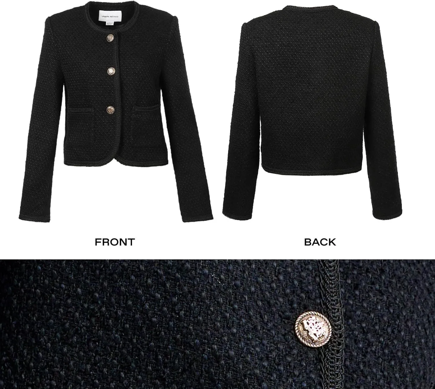 Tweed Casual Blazer Jacket for Women Cropped Crew Open Front Gold Button Blazer Office