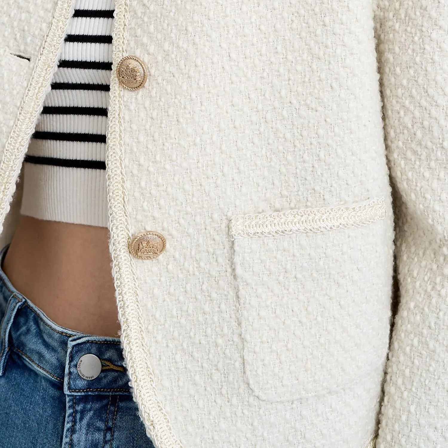 Tweed Casual Blazer Jacket for Women Cropped Crew Open Front Gold Button Blazer Office