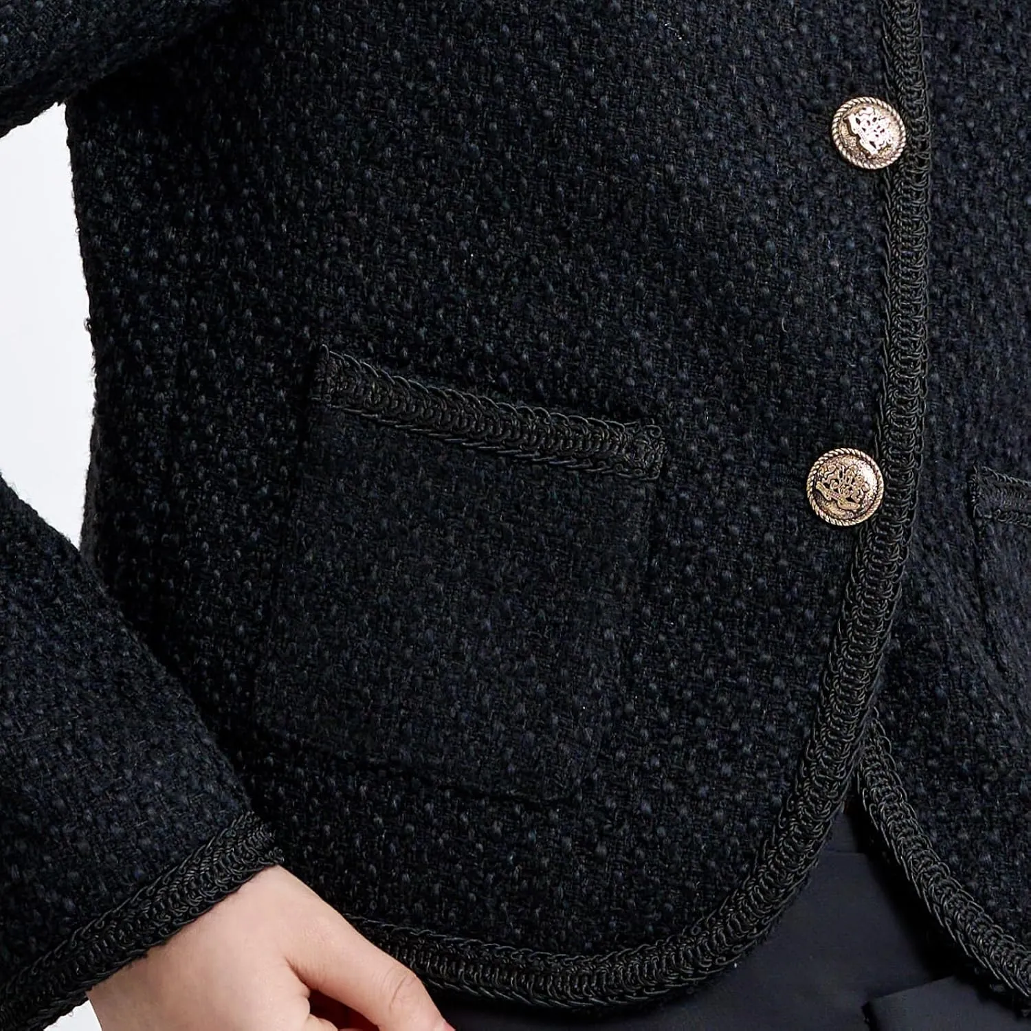Tweed Casual Blazer Jacket for Women Cropped Crew Open Front Gold Button Blazer Office