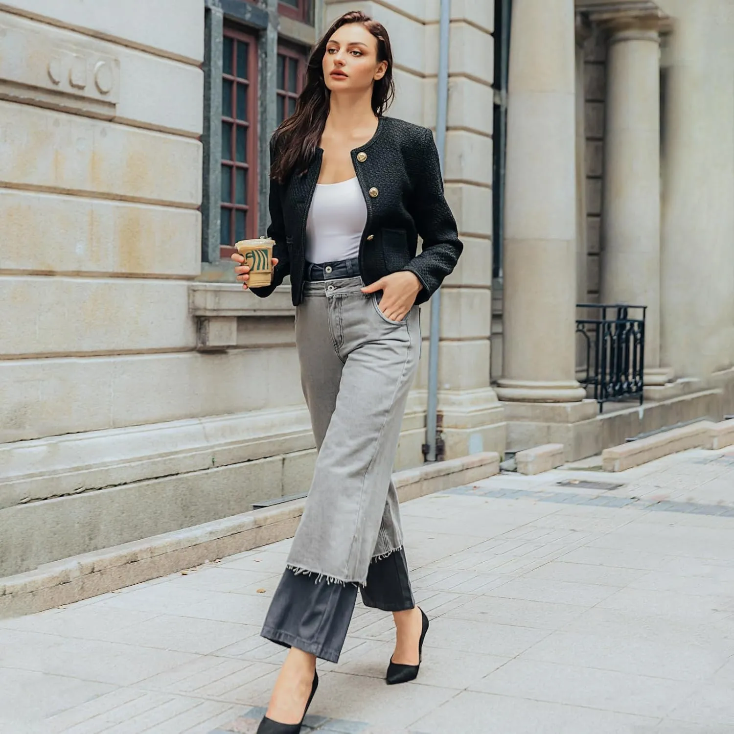 Tweed Casual Blazer Jacket for Women Cropped Crew Open Front Gold Button Blazer Office