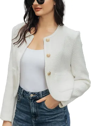 Tweed Casual Blazer Jacket for Women Cropped Crew Open Front Gold Button Blazer Office