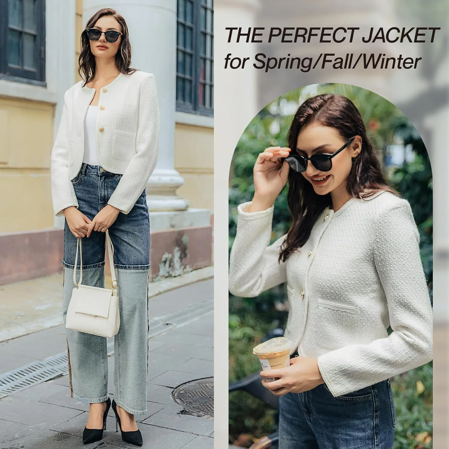 Tweed Casual Blazer Jacket for Women Cropped Crew Open Front Gold Button Blazer Office