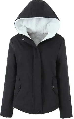 Uillui Fleece Lined Cotton Coat for Women Padded Thicken Plush Bread Jacket Hooded Long Sleeved Zipper Button Sherpa Outcoat