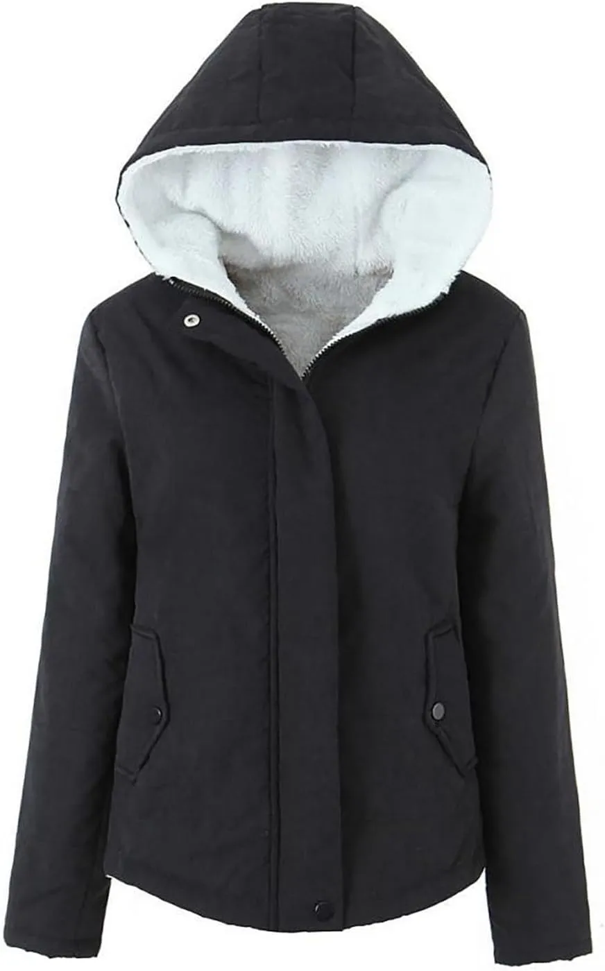 Uillui Fleece Lined Cotton Coat for Women Padded Thicken Plush Bread Jacket Hooded Long Sleeved Zipper Button Sherpa Outcoat