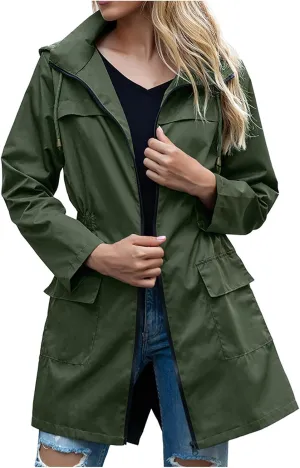 Uillui Womens Lightweight Hooded Trench Coat Waterproof Active Outdoor Rain Jacket Solid Color Mid-Length Windbreaker Jacket
