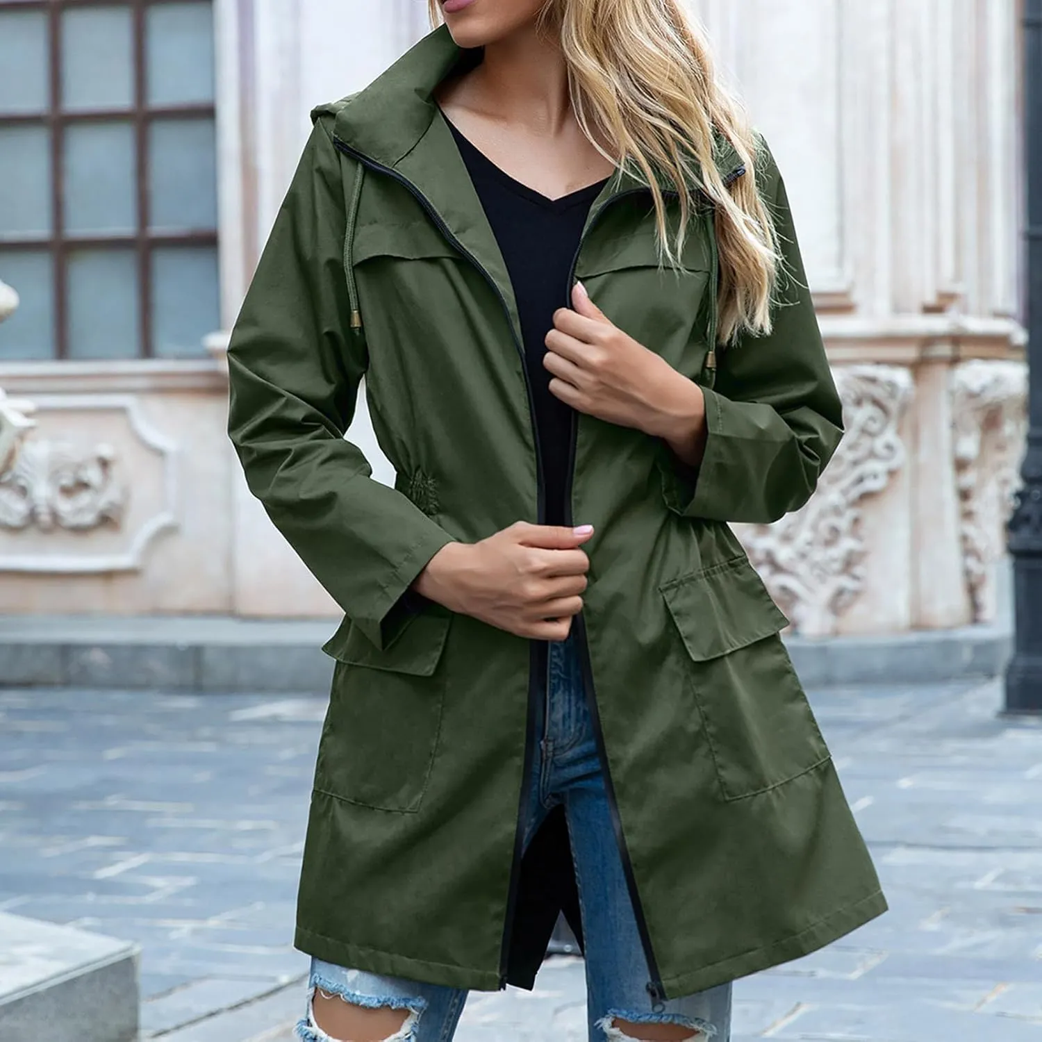 Uillui Womens Lightweight Hooded Trench Coat Waterproof Active Outdoor Rain Jacket Solid Color Mid-Length Windbreaker Jacket
