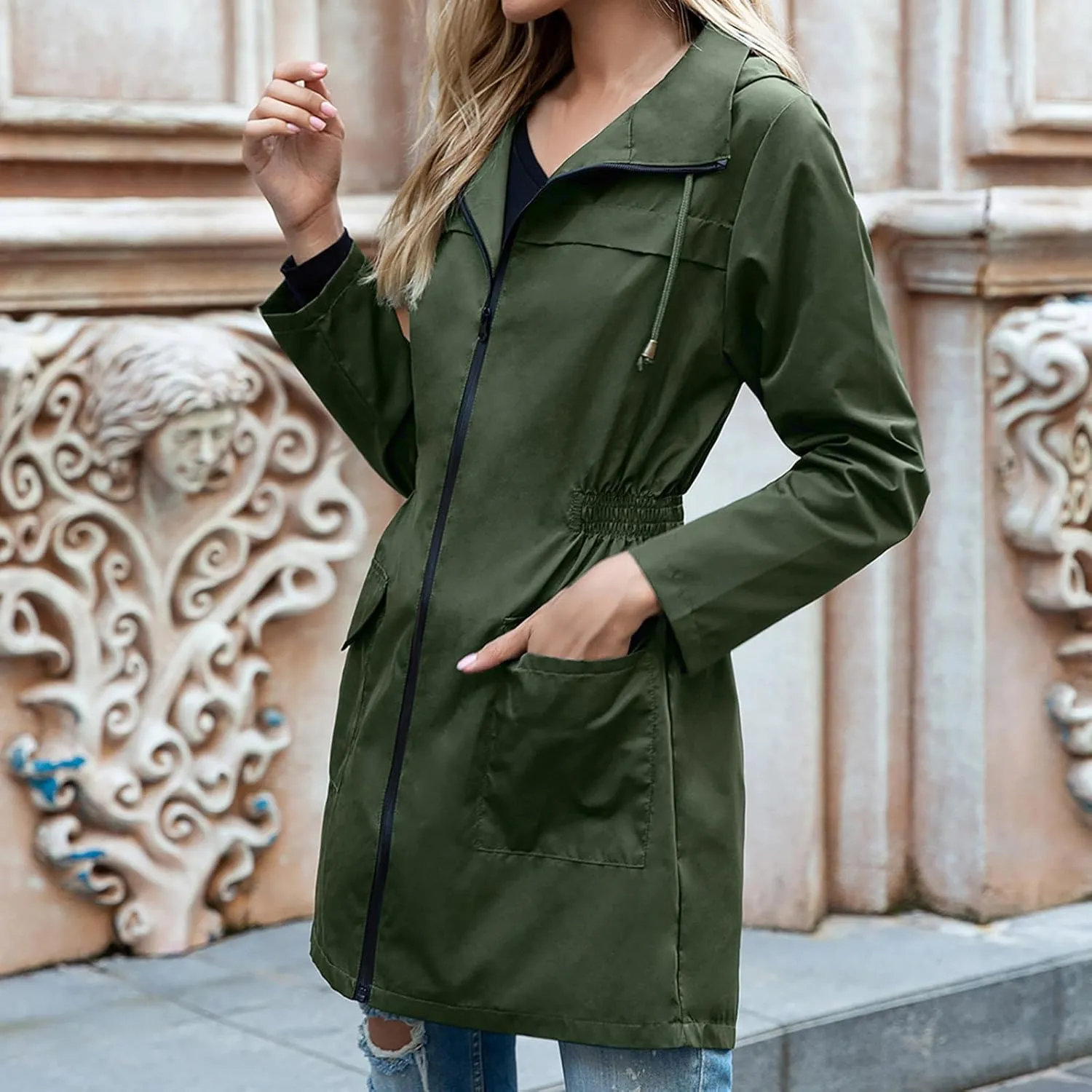 Uillui Womens Lightweight Hooded Trench Coat Waterproof Active Outdoor Rain Jacket Solid Color Mid-Length Windbreaker Jacket