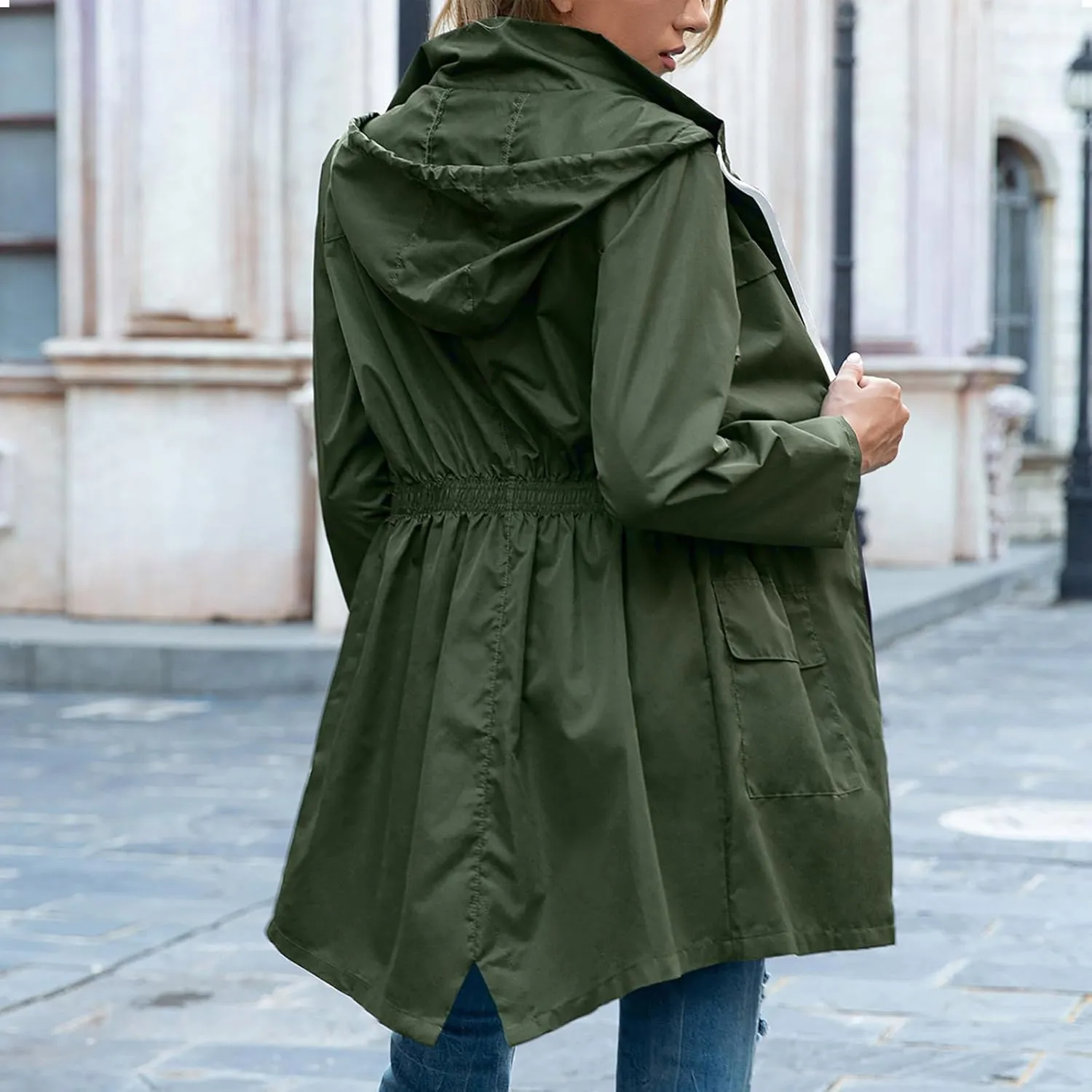 Uillui Womens Lightweight Hooded Trench Coat Waterproof Active Outdoor Rain Jacket Solid Color Mid-Length Windbreaker Jacket