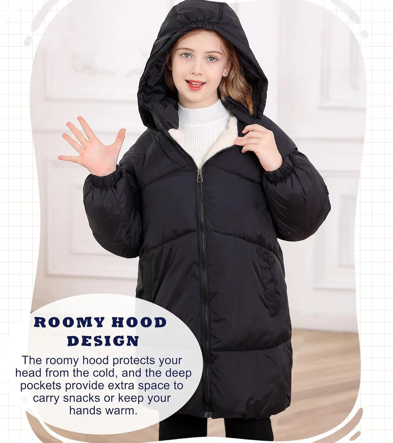 UNIFACO Girls Winter Coats Hooded Puffer Jackets Medium Length Down-like Cotton Coats Snow Outwear 5-12Y