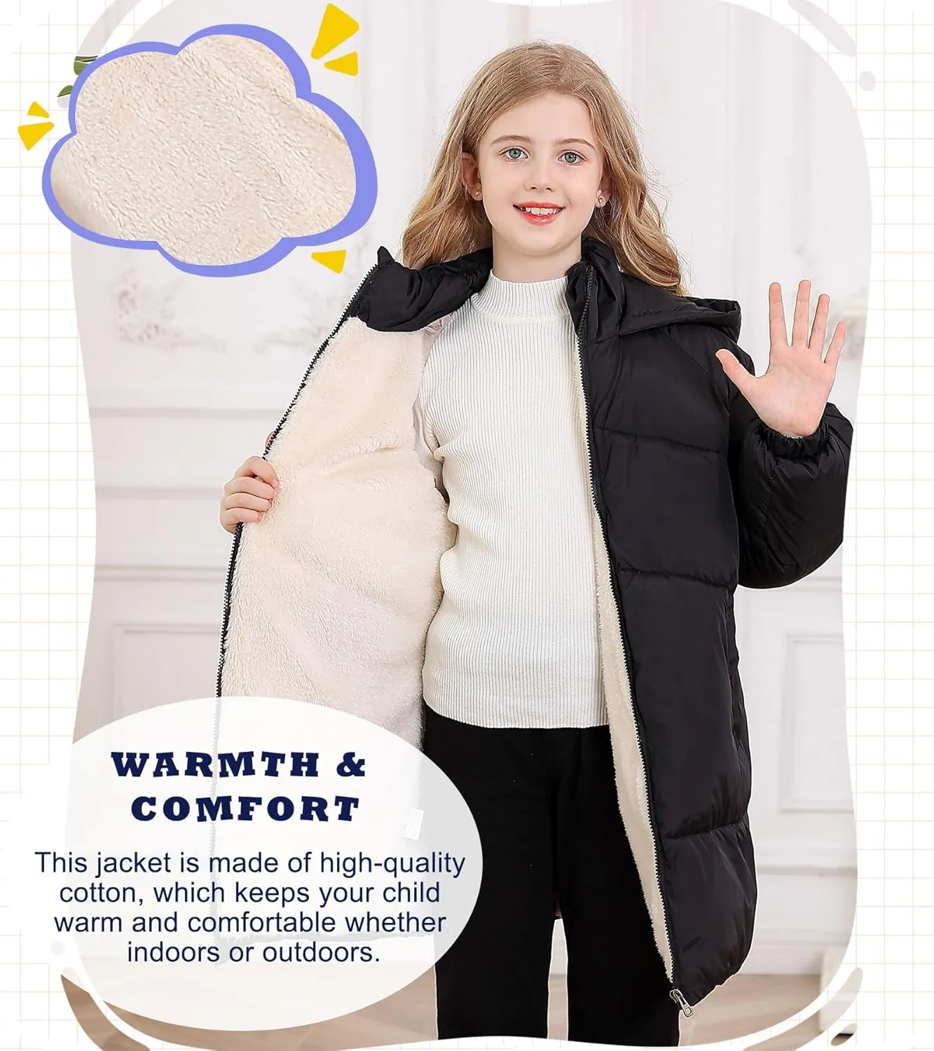 UNIFACO Girls Winter Coats Hooded Puffer Jackets Medium Length Down-like Cotton Coats Snow Outwear 5-12Y