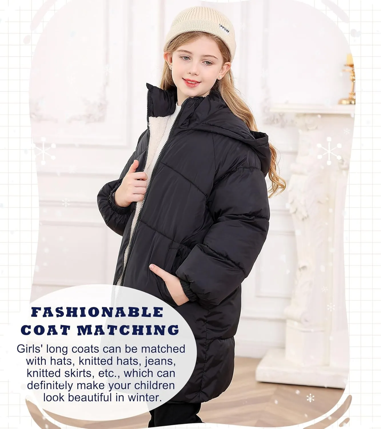 UNIFACO Girls Winter Coats Hooded Puffer Jackets Medium Length Down-like Cotton Coats Snow Outwear 5-12Y