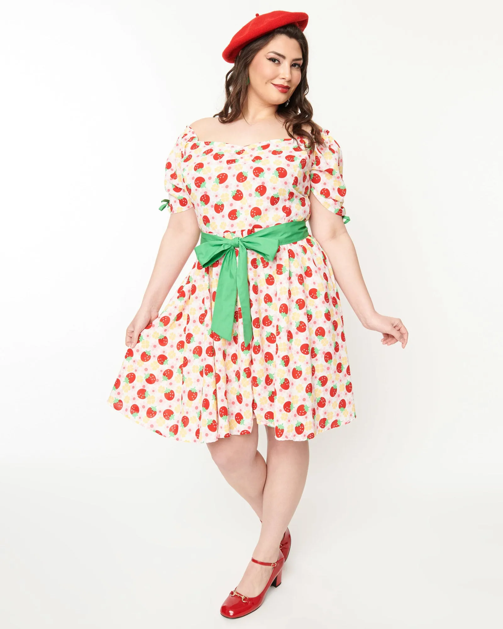 Unique Vintage Pink Floral Strawberries Dakota Flare Dress | Pink Floral Strawberries