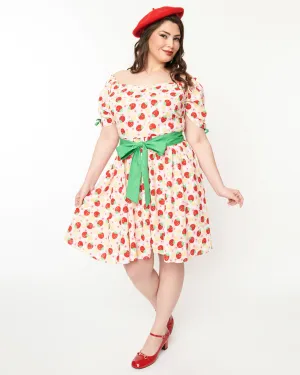 Unique Vintage Pink Floral Strawberries Dakota Flare Dress | Pink Floral Strawberries