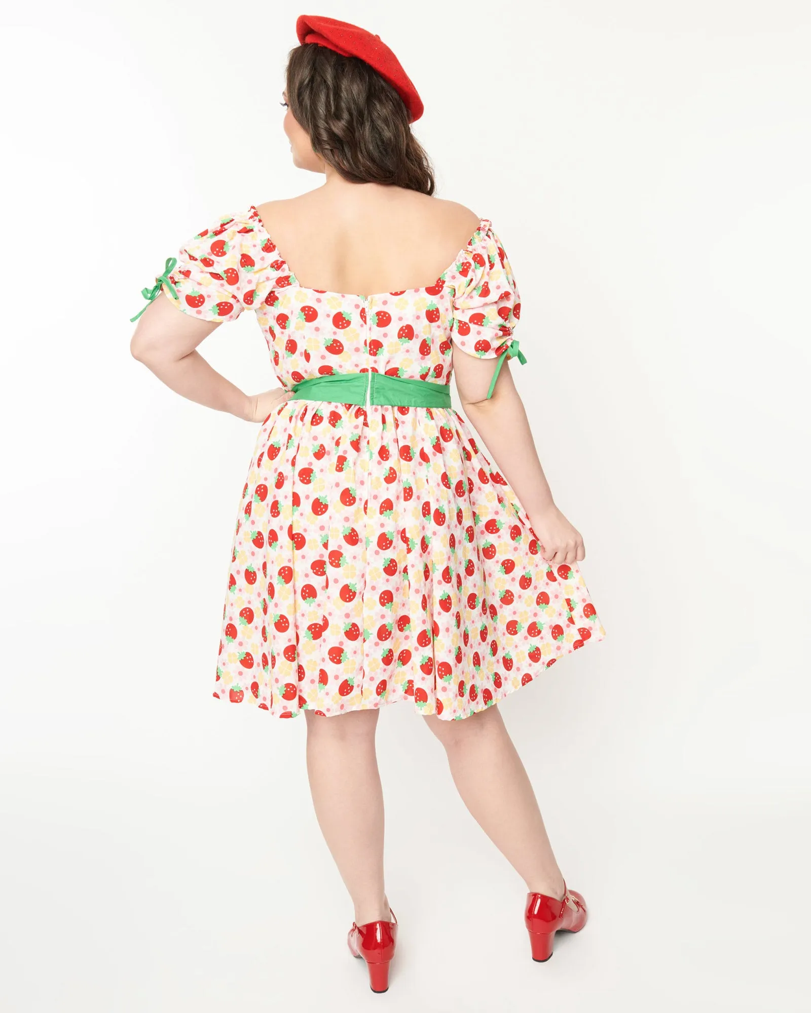 Unique Vintage Pink Floral Strawberries Dakota Flare Dress | Pink Floral Strawberries