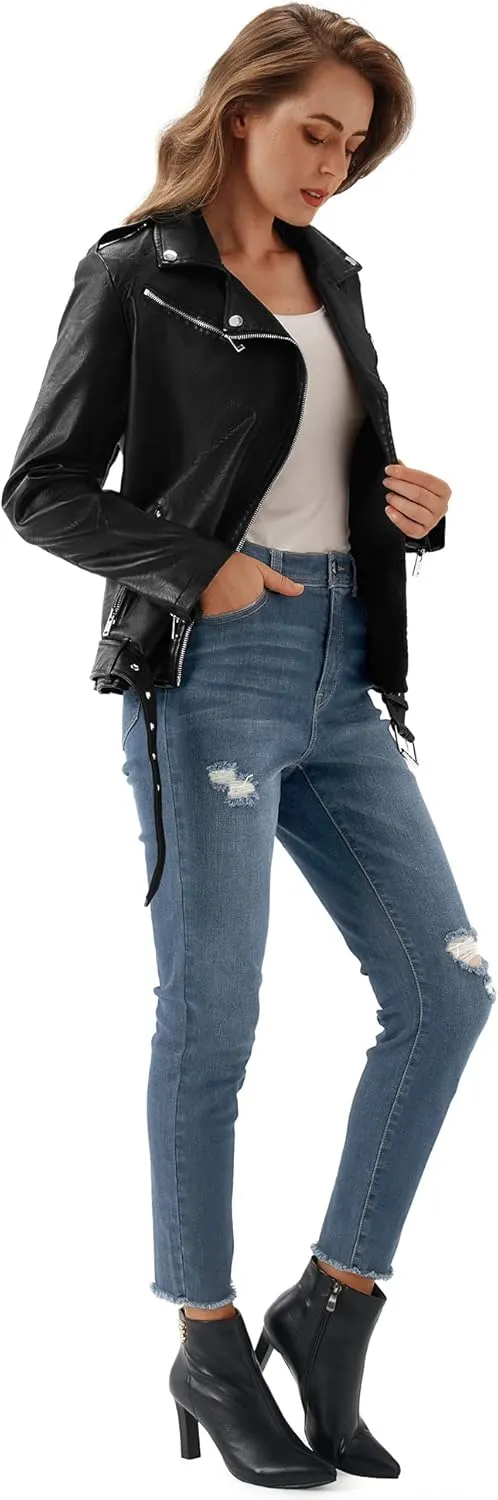 URBEST Women's Faux Leather Jacket Black Motorcycle Moto Biker Short Coat