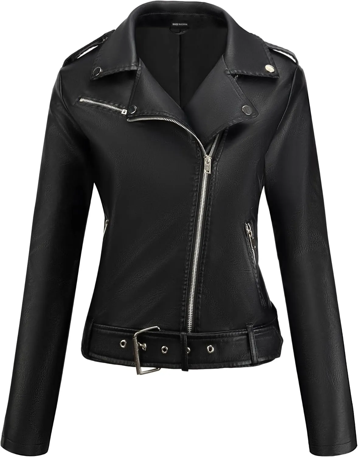 URBEST Women's Faux Leather Jacket Black Motorcycle Moto Biker Short Coat