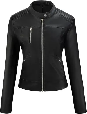 URBEST Women's Faux Leather Jacket Black Motorcycle Moto Biker Short Coat