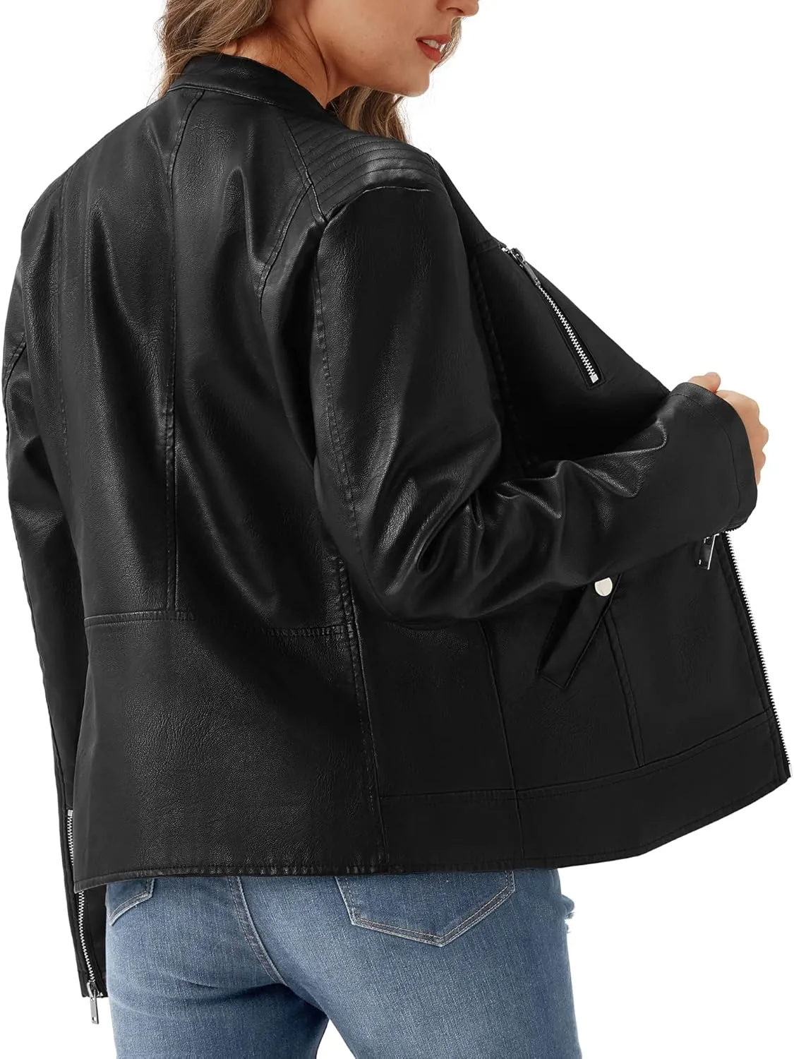 URBEST Women's Faux Leather Jacket Black Motorcycle Moto Biker Short Coat