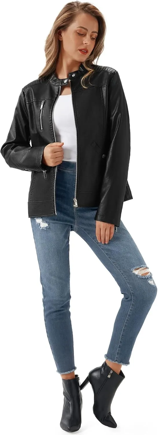 URBEST Women's Faux Leather Jacket Black Motorcycle Moto Biker Short Coat