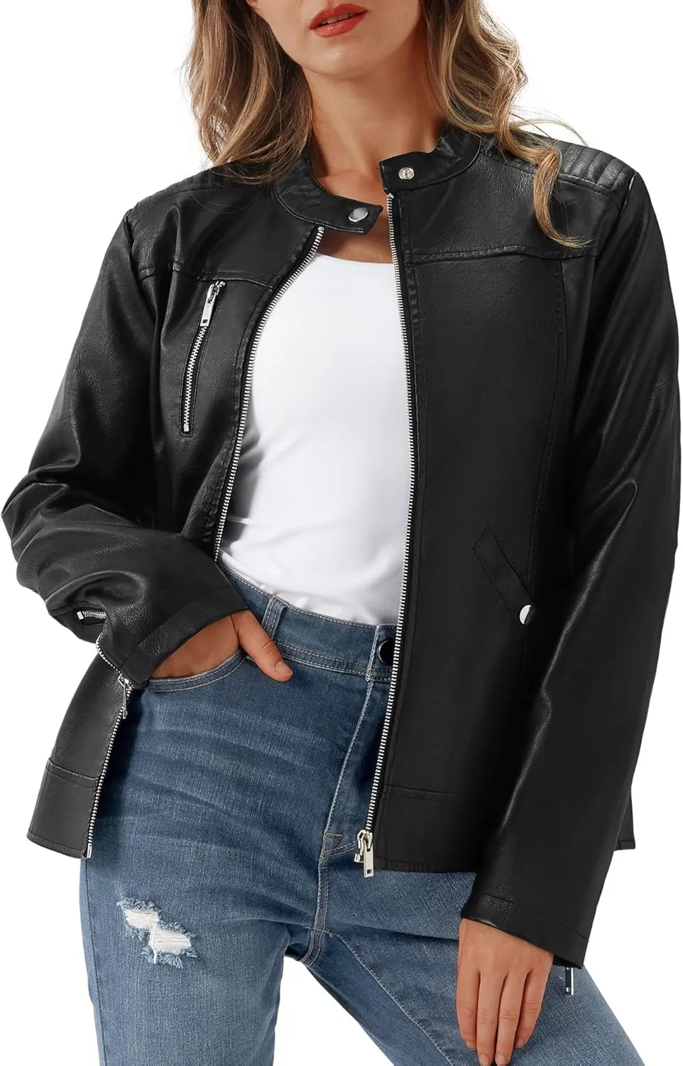 URBEST Women's Faux Leather Jacket Black Motorcycle Moto Biker Short Coat
