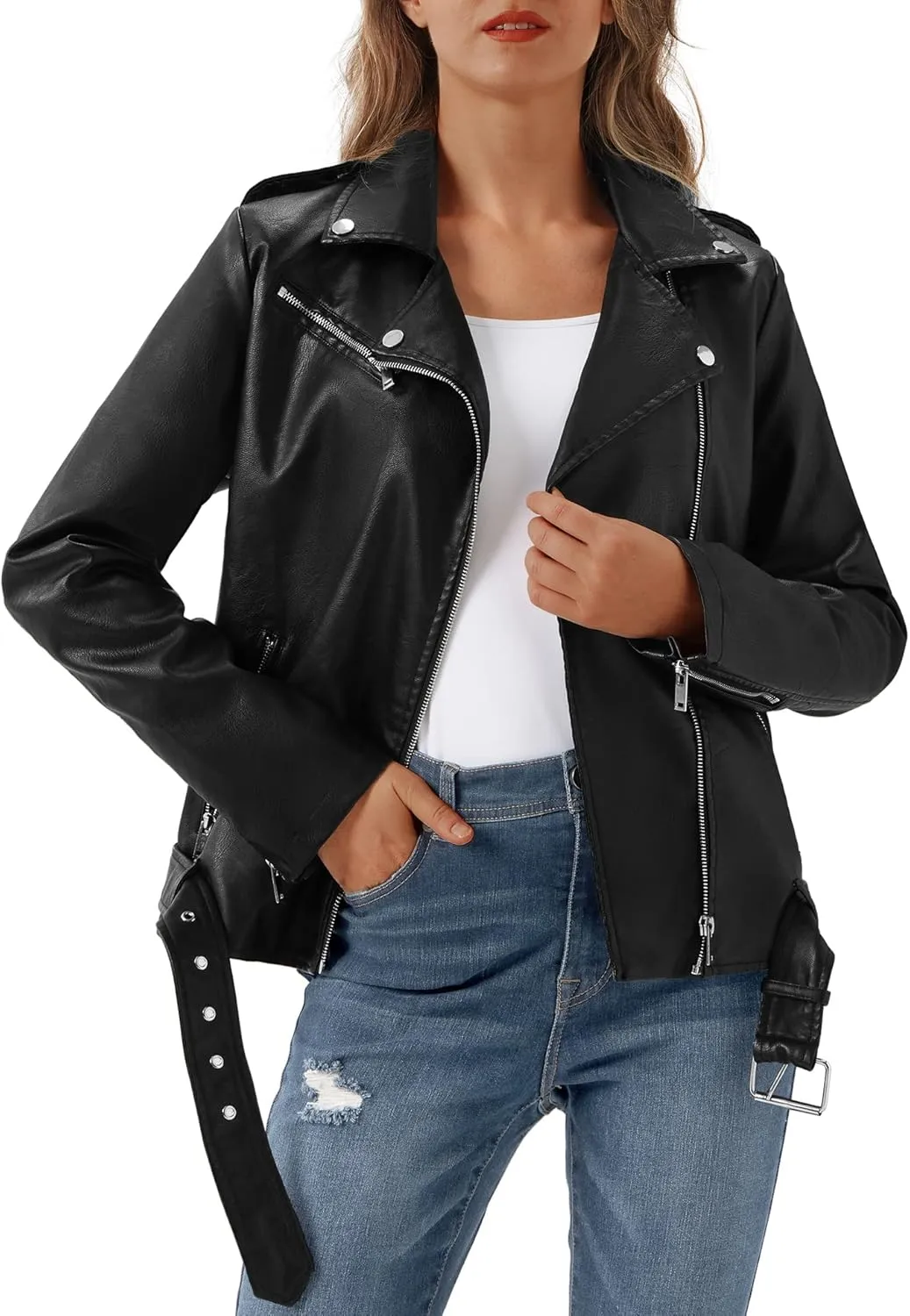 URBEST Women's Faux Leather Jacket Black Motorcycle Moto Biker Short Coat