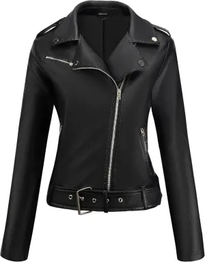 URBEST Women's Faux Leather Jacket Black Motorcycle Moto Biker Short Coat