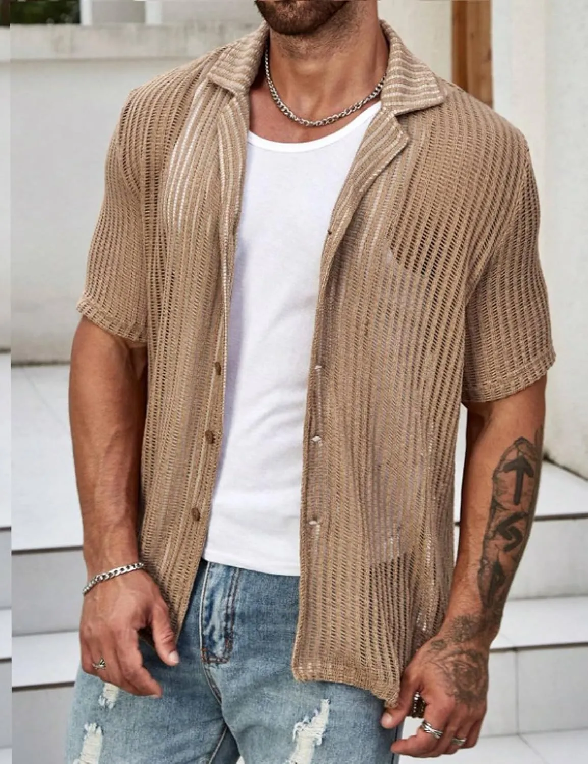 URRU Men's Summer Beach Shirt Stylish Hawaiian Shirts Short Sleeve Casual Button Down Beach Knit Shirts