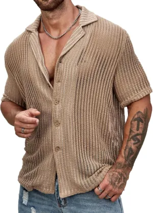 URRU Men's Summer Beach Shirt Stylish Hawaiian Shirts Short Sleeve Casual Button Down Beach Knit Shirts