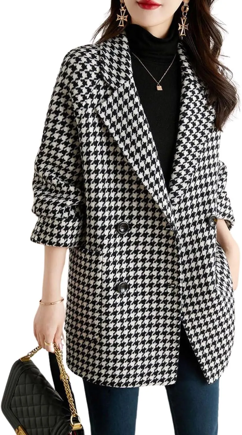 utcoco Womens Notched Lapel Pea Coat Double Breasted Blazer Jackets Houndstooth Woolen Blend Overcoat with Pockets