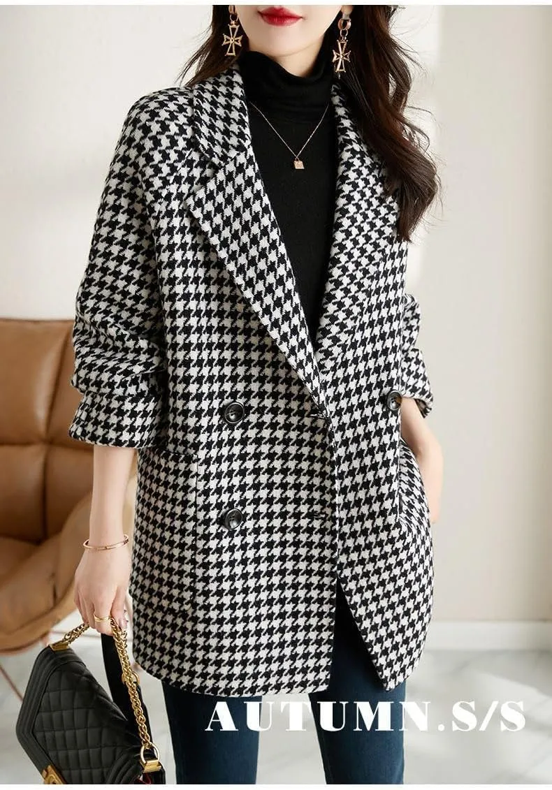 utcoco Womens Notched Lapel Pea Coat Double Breasted Blazer Jackets Houndstooth Woolen Blend Overcoat with Pockets