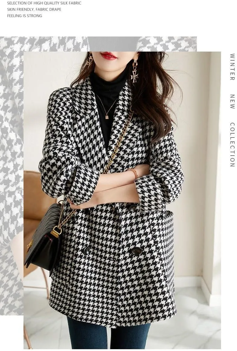 utcoco Womens Notched Lapel Pea Coat Double Breasted Blazer Jackets Houndstooth Woolen Blend Overcoat with Pockets