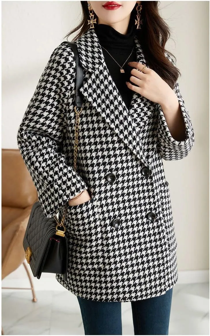 utcoco Womens Notched Lapel Pea Coat Double Breasted Blazer Jackets Houndstooth Woolen Blend Overcoat with Pockets