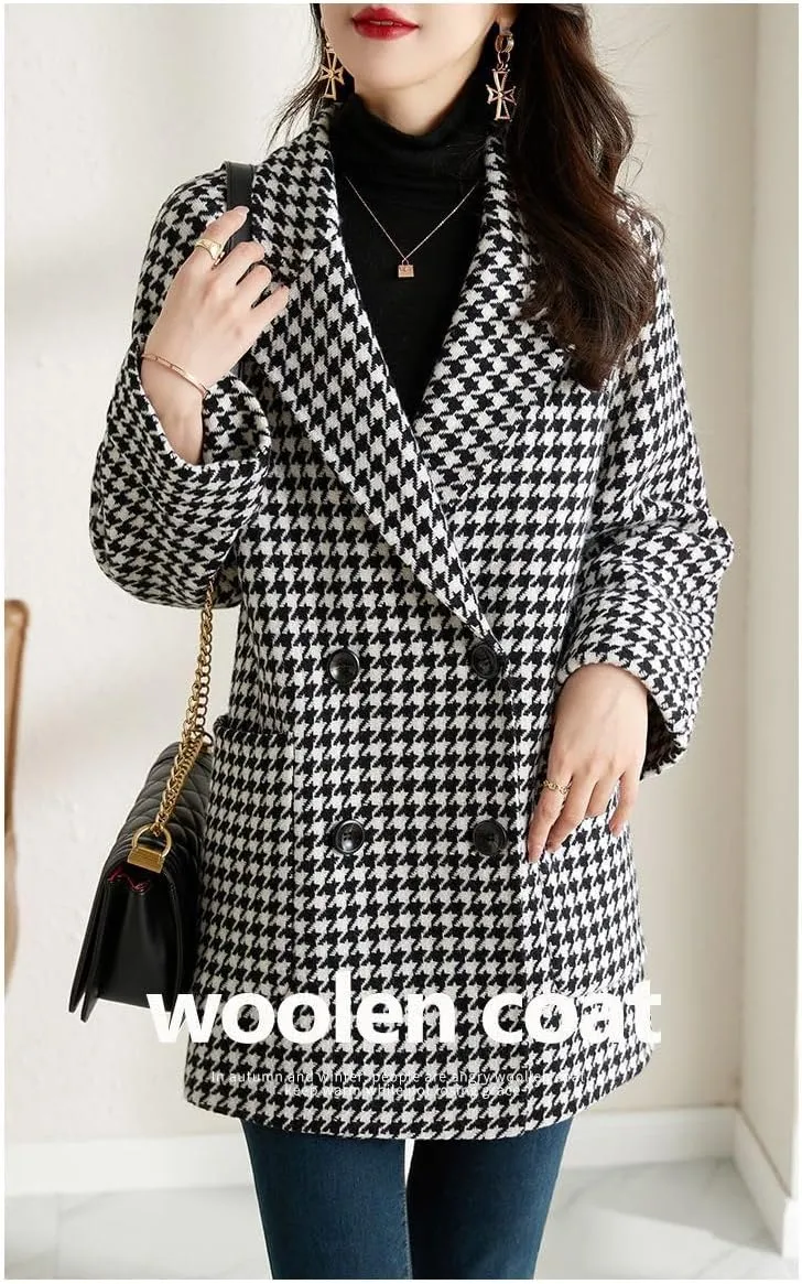 utcoco Womens Notched Lapel Pea Coat Double Breasted Blazer Jackets Houndstooth Woolen Blend Overcoat with Pockets