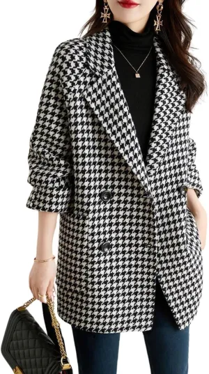 utcoco Womens Notched Lapel Pea Coat Double Breasted Blazer Jackets Houndstooth Woolen Blend Overcoat with Pockets