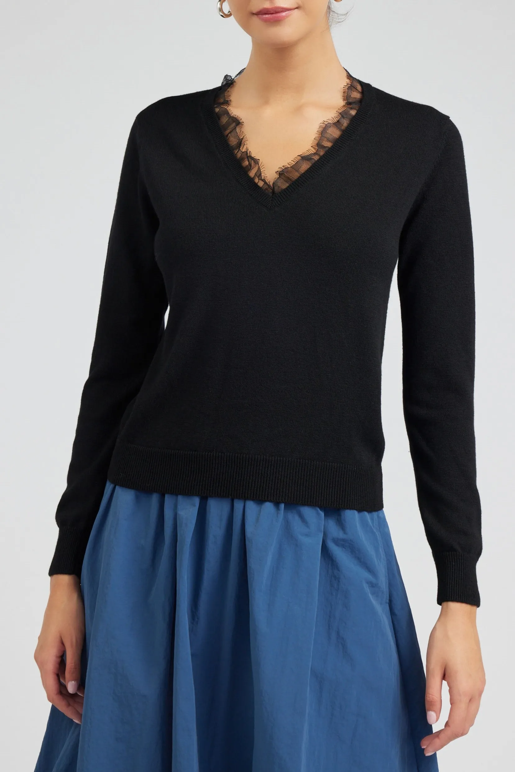 V Neck Ruffle Trim Sweater