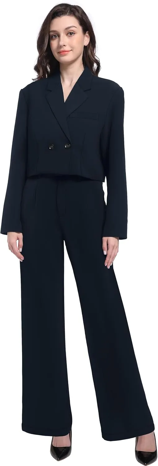 V VOCNI Women's Suit 2 Piece Set Business Casual Outfits Cropped Blazer Jackets High Waisted Wide Leg Work Pants Suits Set