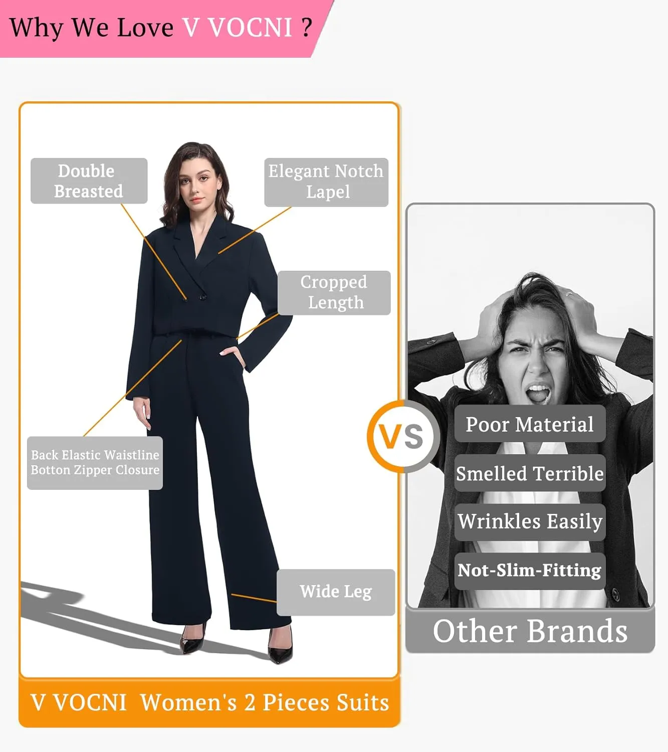 V VOCNI Women's Suit 2 Piece Set Business Casual Outfits Cropped Blazer Jackets High Waisted Wide Leg Work Pants Suits Set