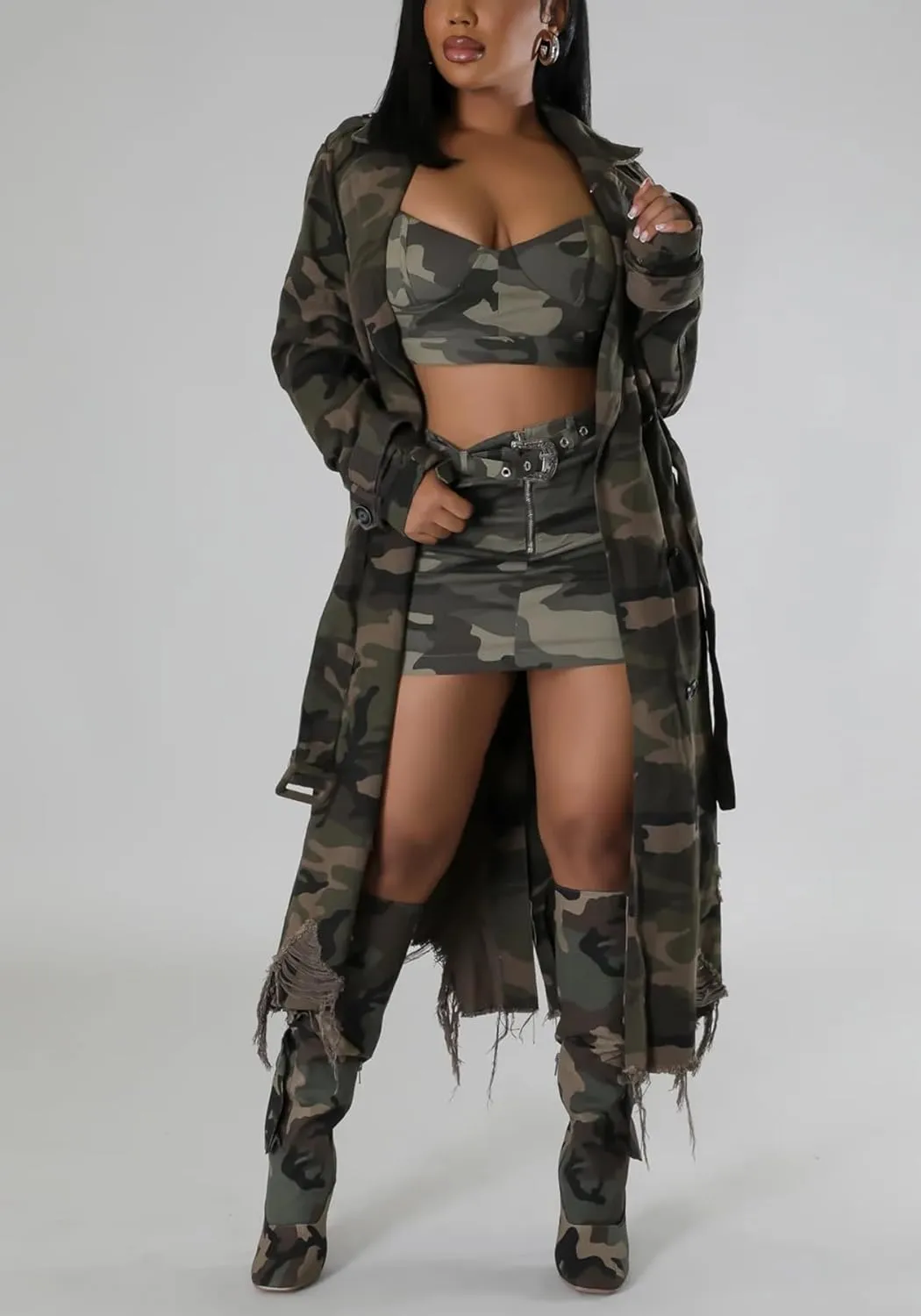 Vakkest Women's Camo Long Trench Coat Long Sleeve Classic Lapel Button Distressed Army Fatigue Jacket Overcoat with Belt