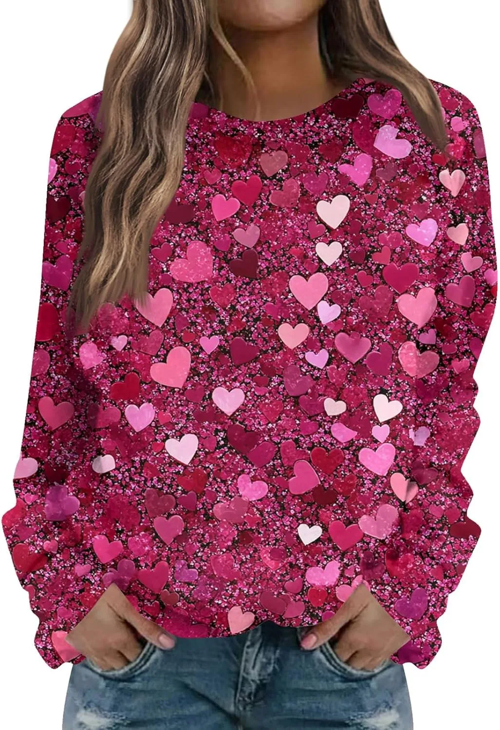 Valentine Sweatshirts For Women Love Hearts Printed Crewneck Pullover Tops Cute Casual Long Sleeve Shirts