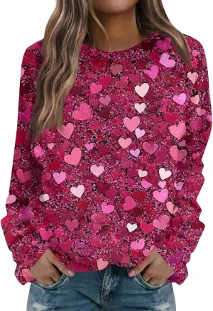 Valentine Sweatshirts For Women Love Hearts Printed Crewneck Pullover Tops Cute Casual Long Sleeve Shirts