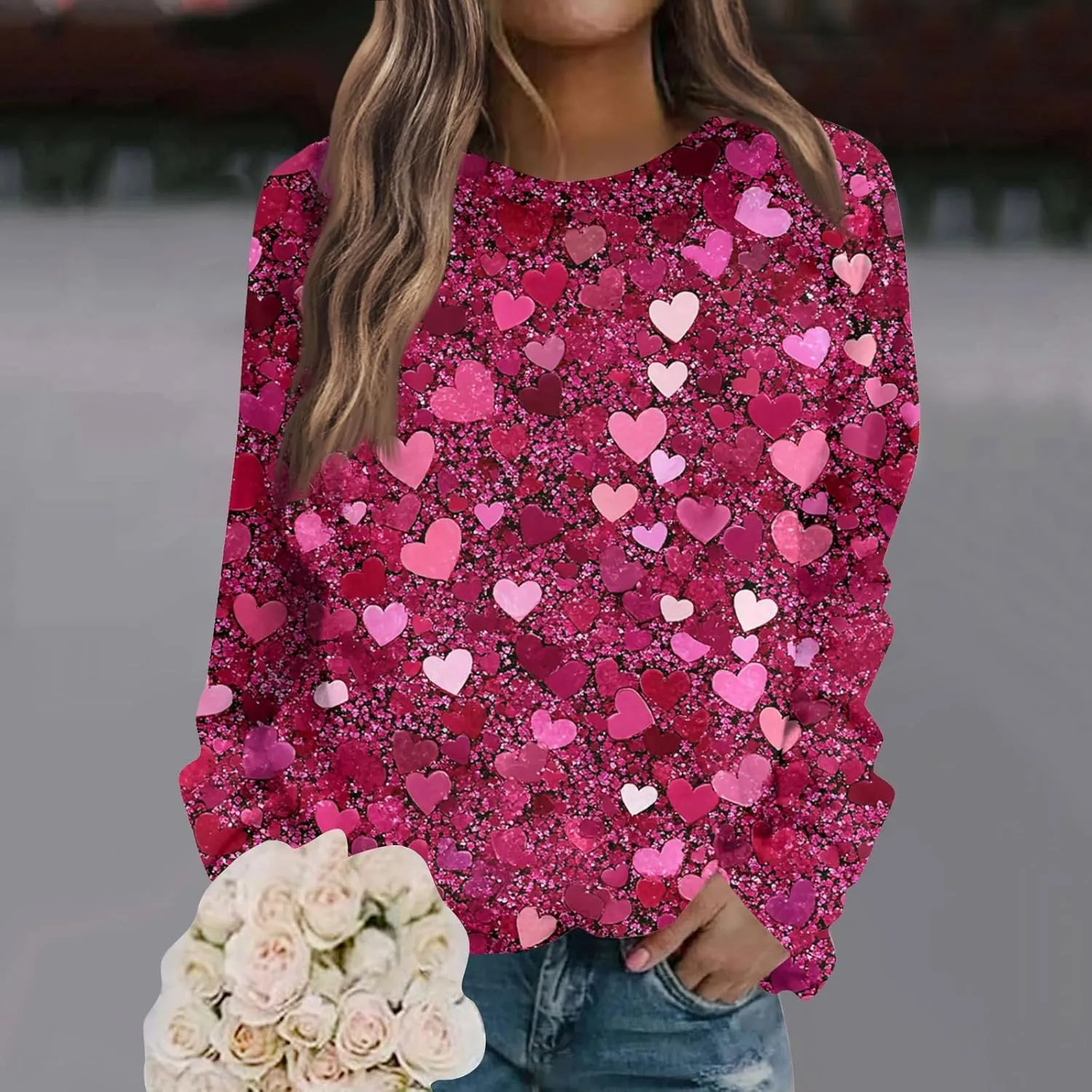 Valentine Sweatshirts For Women Love Hearts Printed Crewneck Pullover Tops Cute Casual Long Sleeve Shirts