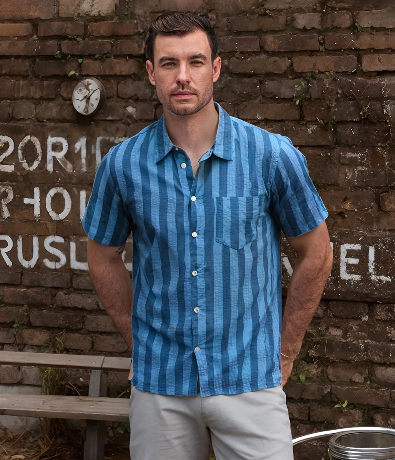 VATPAVE Mens Striped Summer Shirt Casual Button Down Short Sleeve Beach Shirts Cotton Linen Shirts for Men