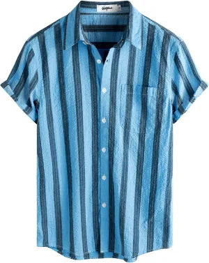 VATPAVE Mens Striped Summer Shirt Casual Button Down Short Sleeve Beach Shirts Cotton Linen Shirts for Men