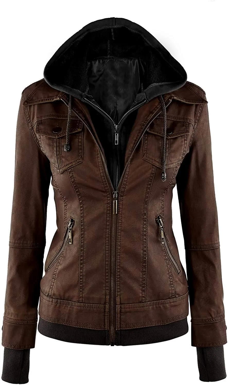 VearFit Women's Sparteens Real Leather Jacket Bomber Removable Hood for Women