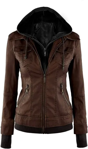 VearFit Women's Sparteens Real Leather Jacket Bomber Removable Hood for Women