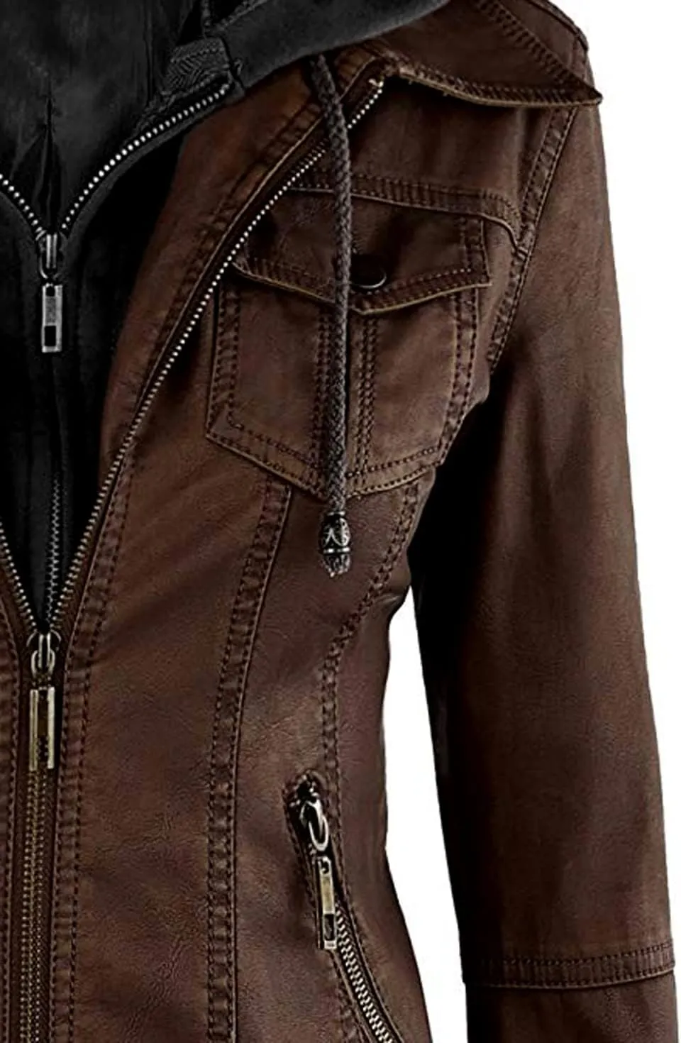 VearFit Women's Sparteens Real Leather Jacket Bomber Removable Hood for Women