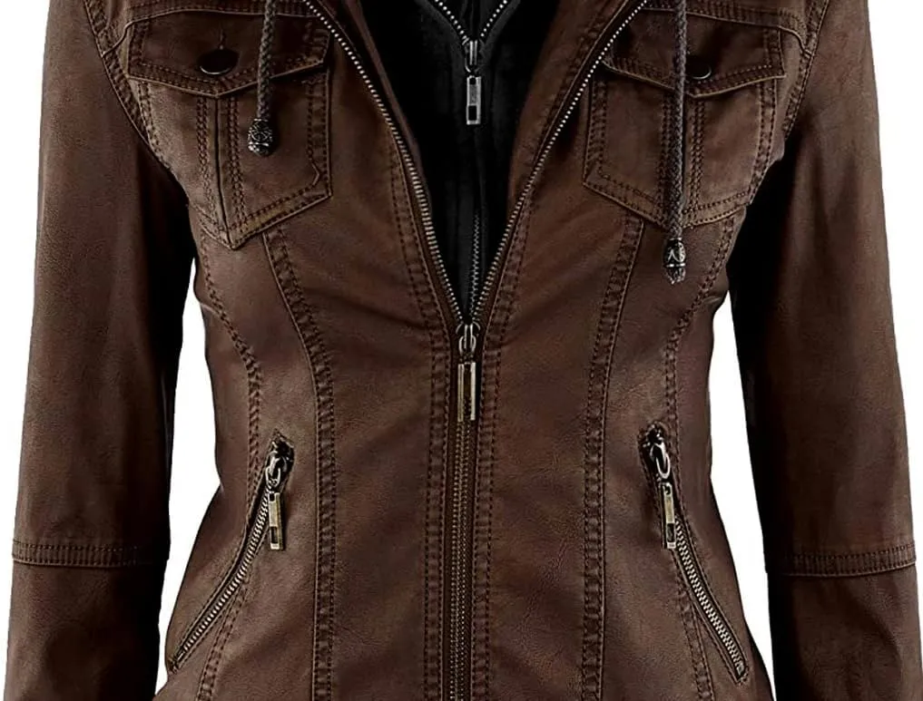 VearFit Women's Sparteens Real Leather Jacket Bomber Removable Hood for Women