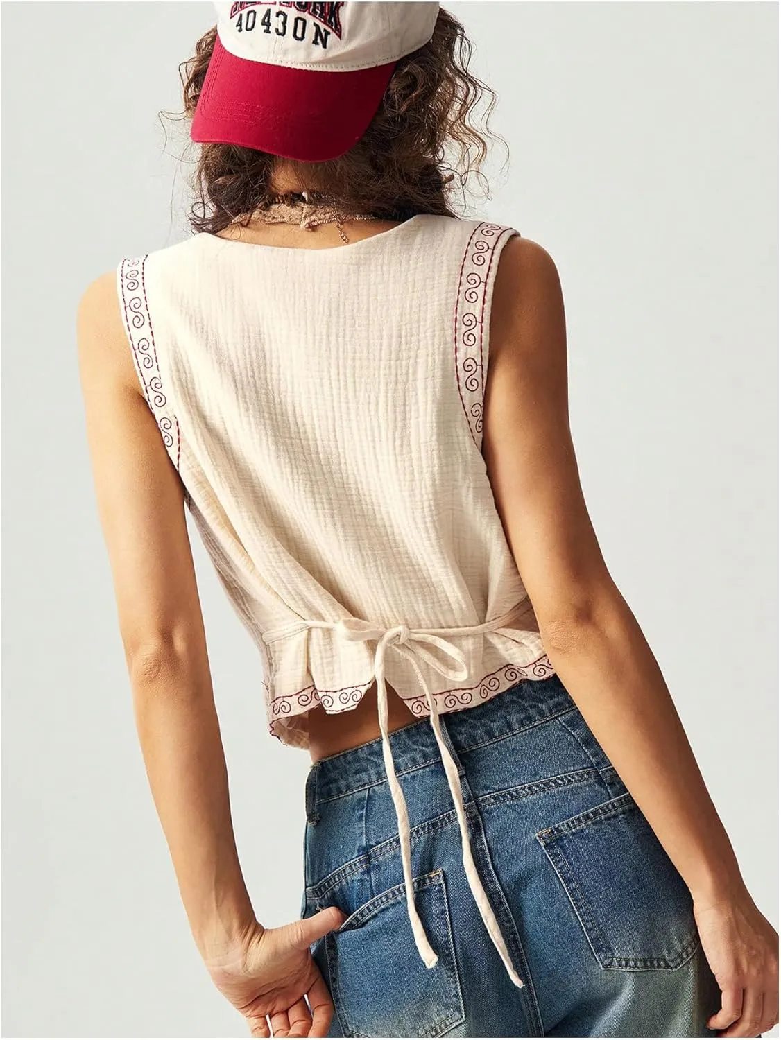 Verdusa Women's Boho Western Floral Embroidery Tank Tops Button Front V Neck Vest Tops