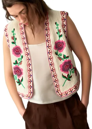 Verdusa Women's Boho Western Floral Embroidery Tank Tops Button Front V Neck Vest Tops