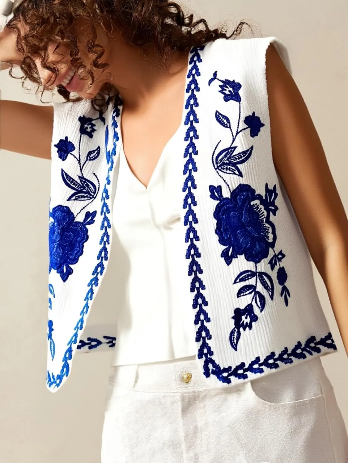 Verdusa Women's Boho Western Floral Embroidery Tank Tops Button Front V Neck Vest Tops